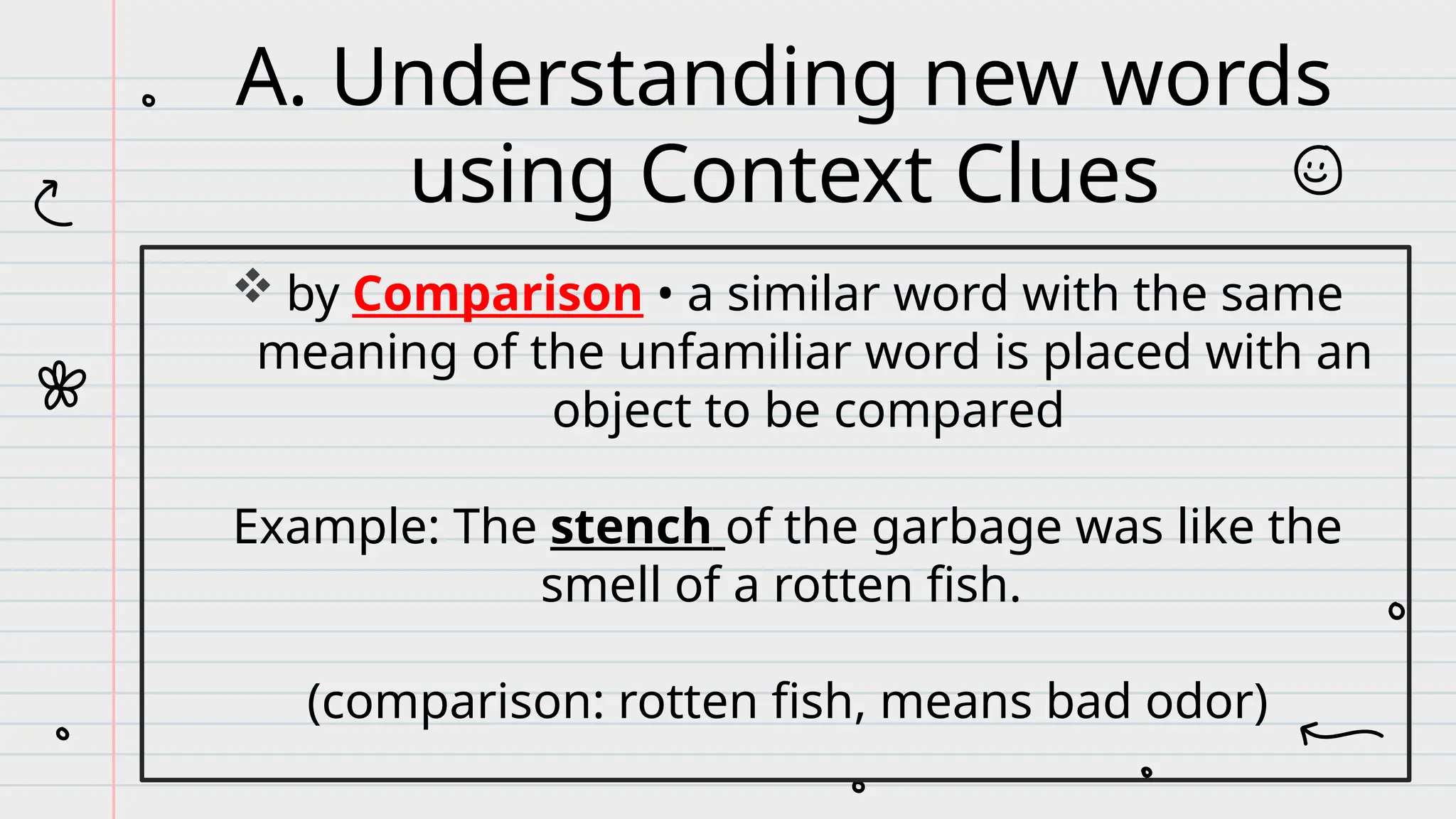  by Comparison • a similar word with the same
meaning of the unfamiliar word is placed with an
object to be compared
Example: The stench of the garbage was like the
smell of a rotten fish.
(comparison: rotten fish, means bad odor)
A. Understanding new words
using Context Clues
 