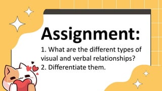 Assignment:
1. What are the different types of
visual and verbal relationships?
2. Differentiate them.
 