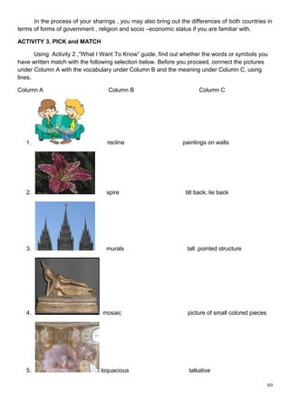 In the process of your sharings , you may also bring out the differences of both countries in
terms of forms of government , religion and socio –economic status if you are familiar with.
ACTIVITY 3. PICK and MATCH
Using Activity 2 ,”What I Want To Know” guide, find out whether the words or symbols you
have written match with the following selection below. Before you proceed, connect the pictures
under Column A with the vocabulary under Column B and the meaning under Column C, using
lines.
Column A Column B Column C
1. recline paintings on walls
2. spire tilt back; lie back
3. murals tall ,pointed structure
4. mosaic picture of small colored pieces
5. loquacious talkative
10
 