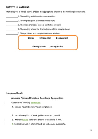 ACTIVITY 10. MATCHING
From the pool of words below, choose the appropriate answer to the following descriptions.
___________1. The setting and characters are revealed.
___________2. The highest point of interest in the story
___________3. The main character faces a conflict or problem.
___________4. The ending where the final outcome of the story is shown
___________5. The problems and complications are resolved.
Language Recall:
Language Form and Function: Coordinate Conjunctions
Observe the following sentences:
1. Makato never idled and never complained.
2. He did every kind of work, yet he remained cheerful.
3. Makato had no sister or a brother to take care of him.
4. He tried his luck in a far-off land, so he became successful.
19
Climax Introduction Denouement
Falling Action Rising Action
 