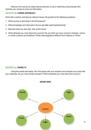 Discover this country by observing the pictures on top or watching a documentary film.
Activate your senses to draw out information.
ACTIVITY 22. PAIRED APPROACH
Work with a partner and discuss relevant issues. Be guided by the following questions.
1. What country is described in the film/pictures?
2. What knowledge and information did you get after watching/observing?
3. Describe what you see, feel, hear and/or touch.
4. What attracted you most about this country? Do you think you have common interests, culture,
or similar customs and traditions? What make Egyptians different from Filipinos or Thais?
ACTIVITY 23. SENSE IT!
Using the sense web below, fill in the boxes with your answers and compare your work with
your seatmate. Do you have similar answers? What impressed you most about this country?
SENSE WEB
32
SoundSound SightSight
EGYPTEGYPT
TouchTouch
TasteTaste
SmellSmell
 