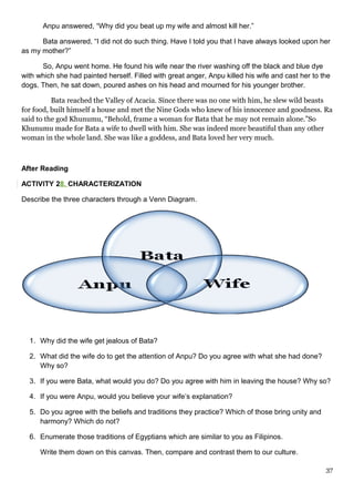 Anpu answered, “Why did you beat up my wife and almost kill her.”
Bata answered, “I did not do such thing. Have I told you that I have always looked upon her
as my mother?”
So, Anpu went home. He found his wife near the river washing off the black and blue dye
with which she had painted herself. Filled with great anger, Anpu killed his wife and cast her to the
dogs. Then, he sat down, poured ashes on his head and mourned for his younger brother.
Bata reached the Valley of Acacia. Since there was no one with him, he slew wild beasts
for food, built himself a house and met the Nine Gods who knew of his innocence and goodness. Ra
said to the god Khunumu, “Behold, frame a woman for Bata that he may not remain alone.”So
Khunumu made for Bata a wife to dwell with him. She was indeed more beautiful than any other
woman in the whole land. She was like a goddess, and Bata loved her very much.
After Reading
ACTIVITY 28. CHARACTERIZATION
Describe the three characters through a Venn Diagram.
1. Why did the wife get jealous of Bata?
2. What did the wife do to get the attention of Anpu? Do you agree with what she had done?
Why so?
3. If you were Bata, what would you do? Do you agree with him in leaving the house? Why so?
4. If you were Anpu, would you believe your wife’s explanation?
5. Do you agree with the beliefs and traditions they practice? Which of those bring unity and
harmony? Which do not?
6. Enumerate those traditions of Egyptians which are similar to you as Filipinos.
Write them down on this canvas. Then, compare and contrast them to our culture.
37
 