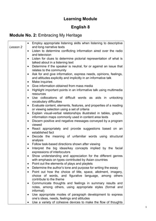 Learning Module
English 8
Module No. 2: Embracing My Heritage
Lesson 2
• Employ appropriate listening skills when listening to descriptive
and long narrative texts
• Listen to determine conflicting information aired over the radio
and television
• Listen for clues to determine pictorial representation of what is
talked about in a listening text
• Determine if the speaker is neutral, for or against an issue that
relates to the community
• Ask for and give information, express needs, opinions, feelings,
and attitudes explicitly and implicitly in an informative talk
• Make inquiries
• Give information obtained from mass media
• Highlight important points in an informative talk using multimedia
resources
• Use collocations of difficult words as aids in unlocking
vocabulary difficulties
• Evaluate content, elements, features, and properties of a reading
or viewing selection using a set of criteria
• Explain visual-verbal relationships illustrated in tables, graphs,
information maps commonly used in content area texts
• Discern positive and negative messages conveyed by a program
viewed
• React appropriately and provide suggestions based on an
established fact
• Decode the meaning of unfamiliar words using structural
analysis
• Follow task-based directions shown after viewing
• Interpret the big ideas/key concepts implied by the facial
expressions of interlocutors
• Show understanding and appreciation for the different genres
with emphasis on types contributed by Asian countries
• Point out the elements of plays and playlets
• Determine the author’s tone and purpose for writing the essay
• Point out how the choice of title, space, allotment, imagery,
choice of words, and figurative language, among others
contribute to the theme
• Communicate thoughts and feelings in summary results and
notes, among others, using appropriate styles (formal and
informal)
• Use appropriate modes of paragraph development to express
one’s ideas, needs, feelings and attitudes
• Use a variety of cohesive devices to make the flow of thoughts
1
 