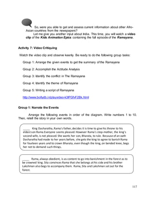 117
So, were you able to get and assess current information about other Afro-
Asian countries from the newspapers?
Let me give you another input about India. This time, you will watch a video
clip of the Kids Animation Epics containing the full episode of the Ramayana.
Activity 7: Video Critiquing
Watch the video clip and observe keenly. Be ready to do the following group tasks:
Group 1: Arrange the given events to get the summary of the Ramayana
Group 2: Accomplish the Actitude Analysis
Group 3: Identify the conflict in The Ramayana
Group 4: Identify the theme of Ramayana
Group 5: Writing a script of Ramayana
http://www.bollydb.in/playvideo-k3lPGfvF2Bk.html
Group 1: Narrate the Events
Arrange the following events in order of the diagram. Write numbers 1 to 10.
Then, retell the story in your own words.
____ Rama, always obedient, is as content to go into banishment in the forest as to
be crowned king. Sita convinces Rama that she belongs at his side and his brother
Lakshman also begs to accompany them. Rama, Sita and Lakshman set out for the
forest.
____ King Dasharatha, Rama's father, decides it is time to give his throne to his
eldest son Rama.Everyone seems pleased. However Rama's step-mother, the king's
second wife, is not pleased. She wants her son, Bharata, to rule. Because of an oath
Dasharatha had made to her years before, she gets the king to agree to banish Rama
for fourteen years and to crown Bharata, even though the king, on bended knee, begs
her not to demand such things.
 