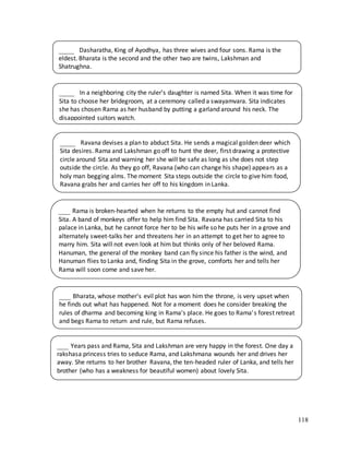 118
____ Dasharatha, King of Ayodhya, has three wives and four sons. Rama is the
eldest. Bharata is the second and the other two are twins, Lakshman and
Shatrughna.
____ In a neighboring city the ruler's daughter is named Sita. When it was time for
Sita to choose her bridegroom, at a ceremony called a swayamvara. Sita indicates
she has chosen Rama as her husband by putting a garland around his neck. The
disappointed suitors watch.
____ Ravana devises a plan to abduct Sita. He sends a magical golden deer which
Sita desires. Rama and Lakshman go off to hunt the deer, first drawing a protective
circle around Sita and warning her she will be safe as long as she does not step
outside the circle. As they go off, Ravana (who can change his shape) appears as a
holy man begging alms. The moment Sita steps outside the circle to give him food,
Ravana grabs her and carries her off to his kingdom in Lanka.
___ Rama is broken-hearted when he returns to the empty hut and cannot find
Sita. A band of monkeys offer to help him find Sita. Ravana has carried Sita to his
palace in Lanka, but he cannot force her to be his wife so he puts her in a grove and
alternately sweet-talks her and threatens her in an attempt to get her to agree to
marry him. Sita will not even look at him but thinks only of her beloved Rama.
Hanuman, the general of the monkey band can fly since his father is the wind, and
Hanuman flies to Lanka and, finding Sita in the grove, comforts her and tells her
Rama will soon come and save her.
___ Bharata, whose mother's evil plot has won him the throne, is very upset when
he finds out what has happened. Not for a moment does he consider breaking the
rules of dharma and becoming king in Rama's place. He goes to Rama's forest retreat
and begs Rama to return and rule, but Rama refuses.
___ Years pass and Rama, Sita and Lakshman are very happy in the forest. One day a
rakshasa princess tries to seduce Rama, and Lakshmana wounds her and drives her
away. She returns to her brother Ravana, the ten-headed ruler of Lanka, and tells her
brother (who has a weakness for beautiful women) about lovely Sita.
 