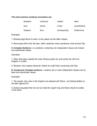 124
The most common sentence connectors are:
therefore moreover indeed while
also hence in fact nevertheless
However thus consequently furthermore
Examples:
1. Bharata begs Rama to return to the palace but the latter refuses.
2. Rama goes off to hunt the deer, while Lakshman draw a protective circle around Sita.
C. Complex Sentence - is a sentence containing one independent clause and at least
one subordinate clause.
Examples:
1. When Sita steps outside the circle, Ravana grabs her and carries her off to his
kingdom in Lanka.
2. Ravana’s men capture Hanuman before he could finish conversing with Sita.
D. Compound- Complex sentence – contains two or more independent clauses and at
least one subordinate clause.
Examples:
1. The people who were in the kingdom are pleased with Rama , but Kaikeyi plotted an
evil plan against him.
2. Kaikeyi requested that her son be made the regent king and Rama should be exiled
in the forest.
 