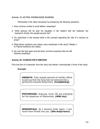 140
Activity 19: ACTIVE- KNOWLEDGE SHARING
Participate in the class discussion by answering the folowing questions.
1. How is Kanva similar to most fathers nowadays?
2. What advices did he give his daughter in her relation with her husband, her
husband’s family, the people around her?
3. As described in the excerpt what is the concept regarding the role of a woman as
bride?
4. What Indian traditions and values were mentioned in the story? Relate it
to Filipino traditions and values.
5. Go over the text again and list down common practices that we still
observe nowadays.
Activity 20: CHARACTER’S EMOTION
Pick one line of a character from the story and deliver it dramatically in front of the class
Example:
ANASUYA: Even people ignorant of worldly affairs
would say that the King had not behaved like a
gentleman towards Shakuntala. (Complaining)
SHAKUNTALA: So I became bride again. I will
never have friends like you. (She drops tears)
PRIYAMVADA: Anasuya, hurry. We are arranging
for the departure of Shakuntala. (With Joy)
 