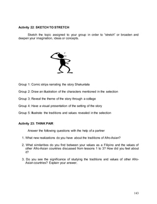 143
Activity 22: SKETCH TO STRETCH
Sketch the topic assigned to your group in order to “stretch” or broaden and
deepen your imagination, ideas or concepts.
Group 1: Comic strips narrating the story Shakuntala
Group 2: Draw an illustration of the characters mentioned in the selection
Group 3: Reveal the theme of the story through a collage
Group 4: Have a visual presentation of the setting of the story
Group 5: Illustrate the traditions and values revealed in the selection
Activity 23: THINK PAIR
Answer the following questions with the help of a partner
1. What new realizations do you have about the traditions of Afro-Asian?
2. What similarities do you find between your values as a Filipino and the values of
other Afro-Asian countries discussed from lessons 1 to 3? How did you feel about
it?
3. Do you see the significance of studying the traditions and values of other Afro-
Asian countries? Explain your answer.
 