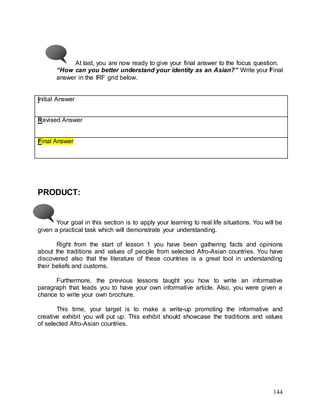 144
At last, you are now ready to give your final answer to the focus question.
“How can you better understand your identity as an Asian?” Write your Final
answer in the IRF grid below.
Initial Answer
Revised Answer
Final Answer
PRODUCT:
Your goal in this section is to apply your learning to real life situations. You will be
given a practical task which will demonstrate your understanding.
Right from the start of lesson 1 you have been gathering facts and opinions
about the traditions and values of people from selected Afro-Asian countries. You have
discovered also that the literature of these countries is a great tool in understanding
their beliefs and customs.
Furthermore, the previous lessons taught you how to write an informative
paragraph that leads you to have your own informative article. Also, you were given a
chance to write your own brochure.
This time, your target is to make a write-up promoting the informative and
creative exhibit you will put up. This exhibit should showcase the traditions and values
of selected Afro-Asian countries.
 