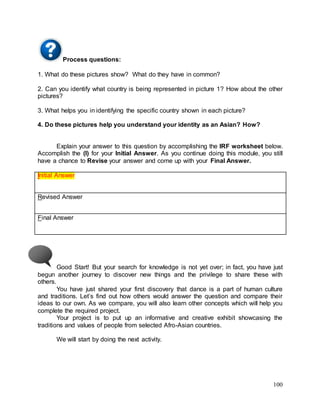100
Process questions:
1. What do these pictures show? What do they have in common?
2. Can you identify what country is being represented in picture 1? How about the other
pictures?
3. What helps you in identifying the specific country shown in each picture?
4. Do these pictures help you understand your identity as an Asian? How?
Explain your answer to this question by accomplishing the IRF worksheet below.
Accomplish the (I) for your Initial Answer. As you continue doing this module, you still
have a chance to Revise your answer and come up with your Final Answer.
Initial Answer
Revised Answer
Final Answer
Good Start! But your search for knowledge is not yet over; in fact, you have just
begun another journey to discover new things and the privilege to share these with
others.
You have just shared your first discovery that dance is a part of human culture
and traditions. Let’s find out how others would answer the question and compare their
ideas to our own. As we compare, you will also learn other concepts which will help you
complete the required project.
Your project is to put up an informative and creative exhibit showcasing the
traditions and values of people from selected Afro-Asian countries.
We will start by doing the next activity.
 