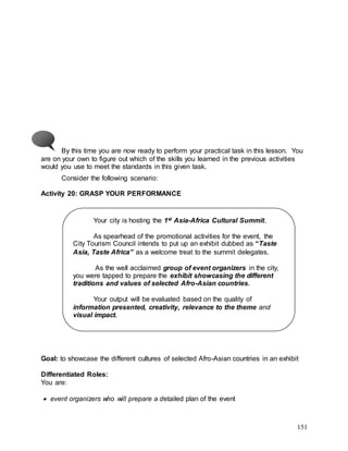 151
By this time you are now ready to perform your practical task in this lesson. You
are on your own to figure out which of the skills you learned in the previous activities
would you use to meet the standards in this given task.
Consider the following scenario:
Activity 20: GRASP YOUR PERFORMANCE
Goal: to showcase the different cultures of selected Afro-Asian countries in an exhibit
Differentiated Roles:
You are:
 event organizers who will prepare a detailed plan of the event
Your city is hosting the 1st Asia-Africa Cultural Summit.
As spearhead of the promotional activities for the event, the
City Tourism Council intends to put up an exhibit dubbed as “Taste
Asia, Taste Africa” as a welcome treat to the summit delegates.
As the well acclaimed group of event organizers in the city,
you were tapped to prepare the exhibit showcasing the different
traditions and values of selected Afro-Asian countries.
Your output will be evaluated based on the quality of
information presented, creativity, relevance to the theme and
visual impact.
 