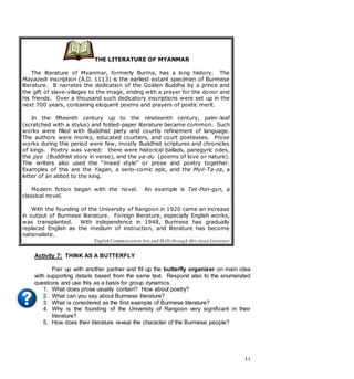 11
Activity 7: THINK AS A BUTTERFLY
Pair up with another partner and fill up the butterfly organizer on main idea
with supporting details based from the same text. Respond also to the enumerated
questions and use this as a basis for group dynamics.
1. What does prose usually contain? How about poetry?
2. What can you say about Burmese literature?
3. What is considered as the first example of Burmese literature?
4. Why is the founding of the University of Rangoon very significant in their
literature?
5. How does their literature reveal the character of the Burmese people?
THE LITERATURE OF MYANMAR
The literature of Myanmar, formerly Burma, has a long history. The
Mayazedi inscription (A.D. 1113) is the earliest extant specimen of Burmese
literature. It narrates the dedication of the Golden Buddha by a prince and
the gift of slave-villages to the image, ending with a prayer for the donor and
his friends. Over a thousand such dedicatory inscriptions were set up in the
next 700 years, containing eloquent poems and prayers of poetic merit.
In the fifteenth century up to the nineteenth century, palm-leaf
(scratched with a stylus) and folded-paper literature became common. Such
works were filled with Buddhist piety and courtly refinement of language.
The authors were monks, educated courtiers, and court poetesses. Prose
works during this period were few, mostly Buddhist scriptures and chronicles
of kings. Poetry was varied: there were historical ballads, panegyric odes,
the pyo (Buddhist story in verse), and the ya-du (poems of love or nature).
The writers also used the “mixed style” or prose and poetry together.
Examples of this are the Yagan, a serio-comic epic, and the Myil-Ta-za, a
letter of an abbot to the king.
Modern fiction began with the novel. An example is Tet-Pon-gyn, a
classical novel.
With the founding of the University of Rangoon in 1920 came an increase
in output of Burmese literature. Foreign literature, especially English works,
was transplanted. With independence in 1948, Burmese has gradually
replaced English as the medium of instruction, and literature has become
nationalistic.
English Communication Arts and Skills through Afro-Asian Literature
 