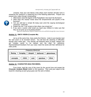15
merrygoround_colorpage_july7.jpgspoonful.com
Likewise, have your own literary circle where each member will take turns in
answering the questions or explaining any of the following statements. Prepare and
present your output through broadcasting.
1. What lesson does the legend of the Padaythabin tree teach the Burmese?
2. What does this excerpt reveal about the temperaments and psyche of the
Burmese?
3. Can you still lead a simple life today even amid the ongoing technological
advances? Elaborate.
4. Explain the line, “Live simply so that others may simply live.”
5. If you were a parent, what would you teach your children to make sure that
they do not grow up to be greedy people?
*QuestionsAdopted from English Communication Arts and Skills through Afro-Asian Literature
Activity 11: ONE’S VISION (Complete Me)
Let us at the same time, have poetry from Burma. Listen to your teacher read
the said poem or its recorded version. You will have the unlocking of difficulties
through word match play. Your teacher will distribute strips of paper, wherein one
set includes words to be defined and the other for definitions.
Representatives/Volunteers from your class match the words with their definitions for
extra points.
Frequency Word List
Activity 12: CHARACTER ANALYSIS MODEL
Form triads, read the copy of the poem for the second time and answer the
Character Analysis Model based on the questions. Then, post your output on the
board for checking as each group goes over the work of others.
fleeing foraging despair battered gloominess
concepts vision vast spacious lotus
 