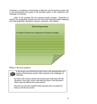 24
somebody or something) on the literature of Myanmar and the Burmese people, that
is, the temperaments and psyche of the Burmese people in their response to the
challenges of modernity.
Refer to the template with the possible prompts provided. Remember to
develop your paragraphs observing the main idea and supporting details integrating
any mode (expository, descriptive, narrative, persuasive, and creative).
Reflect on the focus questions.
In this section, the discussion focused more on the temperaments and
psyche of the Burmese people in their response to the challenges of
modernity.
Go back to the previous section and compare your initial ideas with the
discussion. How much of your initial ideas are found in the discussion?
Which ideas are different and need revision?
Now that you know the important ideas about this topic, go deeper by
moving on to the next section.
MyFirstImpression
Iwasableto/TheliteratureofMyanmar/The Burmesepeople…
___________________________________________________________
___________________________________________________________
___________________________________________________________
___________________________________________________________
___________________________________________________________
___________________________________________________________
___________________________________________________________
___________________________________________________________
___________________________________________________________
___________________________________________________________
___________________________________________________________
___________________________________________________________
___________________________________________________________
___________________________________________________________
___________________________________________________________
___
 