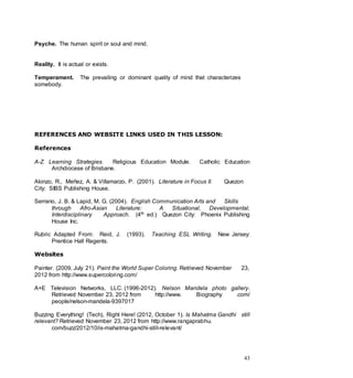 43
Psyche. The human spirit or soul and mind.
Reality. It is actual or exists.
Temperament. The prevailing or dominant quality of mind that characterizes
somebody.
REFERENCES AND WEBSITE LINKS USED IN THIS LESSON:
References
A-Z Learning Strategies. Religious Education Module. Catholic Education
Archdiocese of Brisbane.
Alonzo, R., Meñez, A. & Villamarzo, P. (2001). Literature in Focus II. Quezon
City: SIBS Publishing House.
Serrano, J. B. & Lapid, M. G. (2004). English Communication Arts and Skills
through Afro-Asian Literature: A Situational, Developmental,
Interdisciplinary Approach. (4th ed.) Quezon City: Phoenix Publishing
House Inc.
Rubric Adapted From: Reid, J. (1993). Teaching ESL Writing. New Jersey:
Prentice Hall Regents.
Websites
Painter. (2009, July 21). Paint the World Super Coloring. Retrieved November 23,
2012 from http://www.supercoloring.com/
A+E Television Networks, LLC. (1996-2012). Nelson Mandela photo gallery.
Retrieved November 23, 2012 from http://www. Biography .com/
people/nelson-mandela-9397017
Buzzing Everything! (Tech), Right Here! (2012, October 1). Is Mahatma Gandhi still
relevant? Retrieved November 23, 2012 from http://www.rangaprabhu.
com/buzz/2012/10/is-mahatma-gandhi-still-relevant/
 