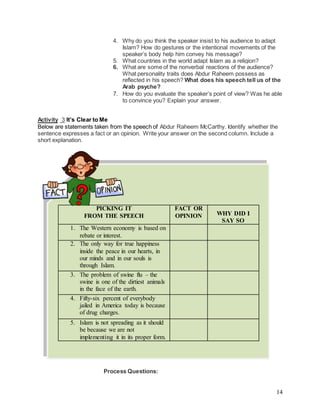 14
4. Why do you think the speaker insist to his audience to adapt
Islam? How do gestures or the intentional movements of the
speaker’s body help him convey his message?
5. What countries in the world adapt Islam as a religion?
6. What are some of the nonverbal reactions of the audience?
What personality traits does Abdur Raheem possess as
reflected in his speech? What does his speech tell us of the
Arab psyche?
7. How do you evaluate the speaker’s point of view? Was he able
to convince you? Explain your answer.
Activity 3 It’s Clear to Me
Below are statements taken from the speech of Abdur Raheem McCarthy. Identify whether the
sentence expresses a fact or an opinion. Write your answer on the second column. Include a
short explanation.
Process Questions:
PICKING IT
FROM THE SPEECH
FACT OR
OPINION WHY DID I
SAY SO
1. The Western economy is based on
rebate or interest.
2. The only way for true happiness
inside the peace in our hearts, in
our minds and in our souls is
through Islam.
3. The problem of swine flu – the
swine is one of the dirtiest animals
in the face of the earth.
4. Fifty-six percent of everybody
jailed in America today is because
of drug charges.
5. Islam is not spreading as it should
be because we are not
implementing it in its proper form.
 