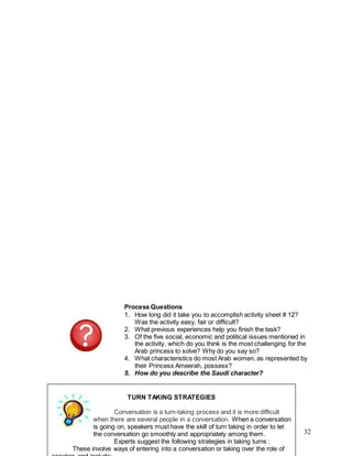 32
Process Questions
1. How long did it take you to accomplish activity sheet # 12?
Was the activity easy, fair or difficult?
2. What previous experiences help you finish the task?
3. Of the five social, economic and political issues mentioned in
the activity, which do you think is the most challenging for the
Arab princess to solve? Why do you say so?
4. What characteristics do most Arab women, as represented by
their Princess Ameerah, possess?
5. How do you describe the Saudi character?
TURN TAKING STRATEGIES
Conversation is a turn-taking process and it is more difficult
when there are several people in a conversation. When a conversation
is going on, speakers must have the skill of turn taking in order to let
the conversation go smoothly and appropriately among them.
Experts suggest the following strategies in taking turns :
These involve ways of entering into a conversation or taking over the role of
 
