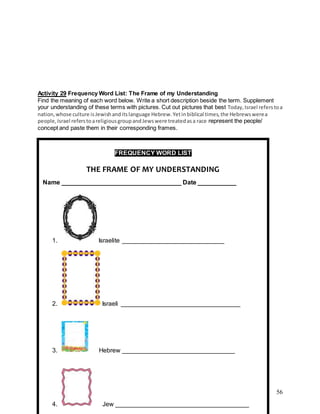 56
Activity 29 Frequency Word List: The Frame of my Understanding
Find the meaning of each word below. Write a short description beside the term. Supplement
your understanding of these terms with pictures. Cut out pictures that best Today,Israel referstoa
nation,whose culture isJewishanditslanguage Hebrew.Yetinbiblical times,the Hebrewswerea
people,Israel referstoareligiousgroupandJewswere treatedasa race represent the people/
concept and paste them in their corresponding frames.
FREQUENCY WORD LIST
THE FRAME OF MY UNDERSTANDING
Name __________________________________ Date ___________
1. Israelite _____________________________
2. Israeli __________________________________
3. Hebrew ________________________________
4. Jew ______________________________________
 
