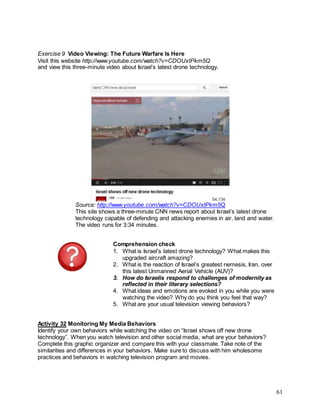61
Exercise 9 Video Viewing: The Future Warfare Is Here
Visit this website http://www.youtube.com/watch?v=CDOUxtPkm5Q
and view this three-minute video about Israel’s latest drone technology.
Source: http://www.youtube.com/watch?v=CDOUxtPkm5Q
This site shows a three-minute CNN news report about Israel’s latest drone
technology capable of defending and attacking enemies in air, land and water.
The video runs for 3:34 minutes.
Comprehension check
1. What is Israel’s latest drone technology? What makes this
upgraded aircraft amazing?
2. What is the reaction of Israel’s greatest nemesis, Iran, over
this latest Unmanned Aerial Vehicle (AUV)?
3. How do Israelis respond to challenges of modernity as
reflected in their literary selections?
4. What ideas and emotions are evoked in you while you were
watching the video? Why do you think you feel that way?
5. What are your usual television viewing behaviors?
Activity 32 Monitoring My Media Behaviors
Identify your own behaviors while watching the video on “Israel shows off new drone
technology”. When you watch television and other social media, what are your behaviors?
Complete this graphic organizer and compare this with your classmate. Take note of the
similarities and differences in your behaviors. Make sure to discuss with him wholesome
practices and behaviors in watching television program and movies.
 