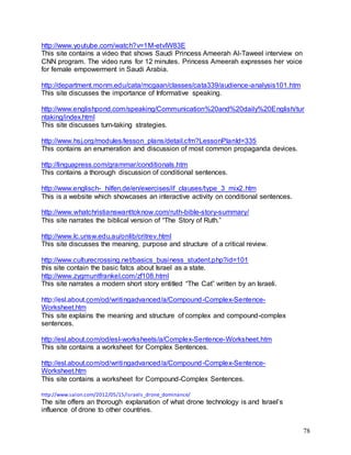 78
http://www.youtube.com/watch?v=1M-etvlW83E
This site contains a video that shows Saudi Princess Ameerah Al-Taweel interview on
CNN program. The video runs for 12 minutes. Princess Ameerah expresses her voice
for female empowerment in Saudi Arabia.
http://department.monm.edu/cata/mcgaan/classes/cata339/audience-analysis101.htm
This site discusses the importance of Informative speaking.
http://www.englishpond.com/speaking/Communication%20and%20daily%20English/tur
ntaking/index.html
This site discusses turn-taking strategies.
http://www.hsj.org/modules/lesson_plans/detail.cfm?LessonPlanId=335
This contains an enumeration and discussion of most common propaganda devices.
http://linguapress.com/grammar/conditionals.htm
This contains a thorough discussion of conditional sentences.
http://www.englisch- hilfen.de/en/exercises/if_clauses/type_3_mix2.htm
This is a website which showcases an interactive activity on conditional sentences.
http://www.whatchristianswanttoknow.com/ruth-bible-story-summary/
This site narrates the biblical version of “The Story of Ruth.”
http://www.lc.unsw.edu.au/onlib/critrev.html
This site discusses the meaning, purpose and structure of a critical review.
http://www.culturecrossing.net/basics_business_student.php?id=101
this site contain the basic fatcs about Israel as a state.
http://www.zygmuntfrankel.com/zf108.html
This site narrates a modern short story entitled “The Cat” written by an Israeli.
http://esl.about.com/od/writingadvanced/a/Compound-Complex-Sentence-
Worksheet.htm
This site explains the meaning and structure of complex and compound-complex
sentences.
http://esl.about.com/od/esl-worksheets/a/Complex-Sentence-Worksheet.htm
This site contains a worksheet for Complex Sentences.
http://esl.about.com/od/writingadvanced/a/Compound-Complex-Sentence-
Worksheet.htm
This site contains a worksheet for Compound-Complex Sentences.
http://www.salon.com/2012/05/15/israels_drone_dominance/
The site offers an thorough explanation of what drone technology is and Israel’s
influence of drone to other countries.
 