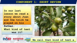 COMPONENT 1: SHORT REVIEW
In our last
lesson we read a
story about Juan
and the trick he
played on his
father.
We call that kind of text a
What kind of text
was it?
 