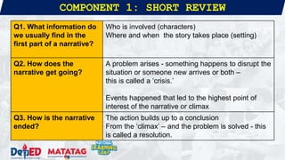 COMPONENT 1: SHORT REVIEW
Q1. What information do
we usually find in the
first part of a narrative?
Who is involved (characters)
Where and when the story takes place (setting)
Q2. How does the
narrative get going?
A problem arises - something happens to disrupt the
situation or someone new arrives or both –
this is called a ‘crisis.’
Events happened that led to the highest point of
interest of the narrative or climax
Q3. How is the narrative
ended?
The action builds up to a conclusion
From the ‘climax’ – and the problem is solved - this
is called a resolution.
 