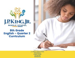 8th Grade
English - Quarter 2
Curriculum
J. P. KING, JR. MIDDLE SCHOOL
501 Charles St.
Franklin, VA 23851
(757) 562-4631
jpk.fcpsva.org
 