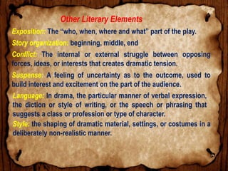Other Literary Elements
Exposition: The “who, when, where and what” part of the play.
Story organization: beginning, middle, end
Conflict: The internal or external struggle between opposing
forces, ideas, or interests that creates dramatic tension.
Suspense: A feeling of uncertainty as to the outcome, used to
build interest and excitement on the part of the audience.
Language: In drama, the particular manner of verbal expression,
the diction or style of writing, or the speech or phrasing that
suggests a class or profession or type of character.
Style: the shaping of dramatic material, settings, or costumes in a
deliberately non-realistic manner.
 