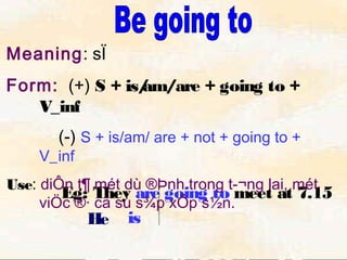 Eg: They are going to meet at 7.15
He is
Meaning: sÏ
Form: (+) S + is/am/are + going to +
V_inf
(-) S + is/am/ are + not + going to +
V_inf
Use: diÔn t¶ mét dù ®Þnh trong t­¬ng lai, mét
viÖc ®· cã sù s¾p xÕp s½n.
 