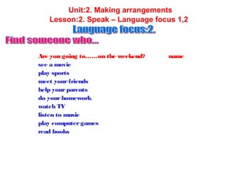Unit:2. Making arrangements
Lesson:2. Speak – Language focus 1,2
Are you going to……on the weekend? name
see a movie
play sports
meet yourfriends
help yourparents
do yourhomework
watch TV
listen to music
play computergames
read books
 