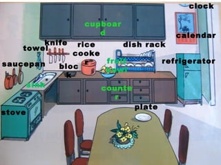 cupboar
d
knife dish rackrice
cooke
rsaucepan
sink counte
r
calendar
clock
refrigerator
stove
fruit
bowlbloc
k
plate
towel
 