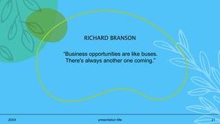 RICHARD BRANSON
“Business opportunities are like buses.
There's always another one coming.”
20XX presentation title 21
 