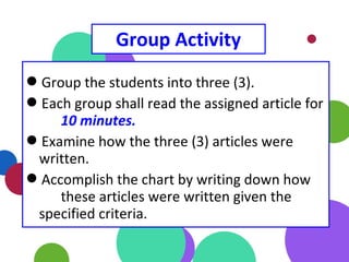 Group Activity
Group the students into three (3).
Each group shall read the assigned article for
10 minutes.
Examine how the three (3) articles were
written.
Accomplish the chart by writing down how
these articles were written given the
specified criteria.
 