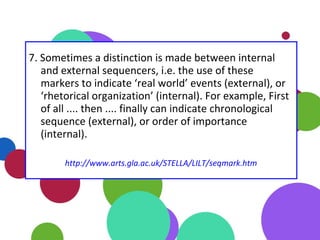 7. Sometimes a distinction is made between internal
and external sequencers, i.e. the use of these
markers to indicate ‘real world’ events (external), or
‘rhetorical organization’ (internal). For example, First
of all .... then .... finally can indicate chronological
sequence (external), or order of importance
(internal).
http://www.arts.gla.ac.uk/STELLA/LILT/seqmark.htm
 