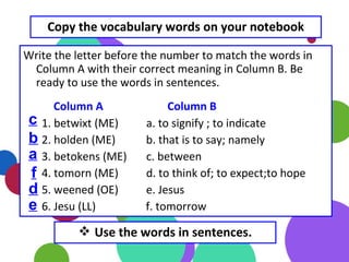 Copy the vocabulary words on your notebook
Write the letter before the number to match the words in
Column A with their correct meaning in Column B. Be
ready to use the words in sentences.
Column A Column B
1. betwixt (ME) a. to signify ; to indicate
2. holden (ME) b. that is to say; namely
3. betokens (ME) c. between
4. tomorn (ME) d. to think of; to expect;to hope
5. weened (OE) e. Jesus
6. Jesu (LL) f. tomorrow
 Use the words in sentences.
a
c
f
e
d
b
 