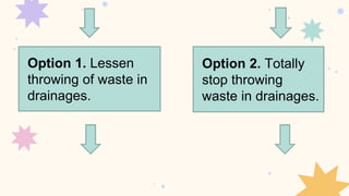 Option 1. Lessen
throwing of waste in
drainages.
Option 2. Totally
stop throwing
waste in drainages.
 