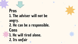 Pros
1. The adviser will not be
angry.
2. He can be a responsible.
Cons
1. He will tired alone.
2. Its unfair
 