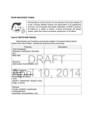 DRAFT
April 10, 2014
YOUR DISCOVERY TASKS
Task 8: PARTS AND PARCEL
Read Krystie Lee Yandoli’s commentary entitled “13 Lessons About Social
Justice From Harry Potter”. Identify the features of this short prose.
Features Description
Type of passage
(Narrative, Descriptive, Dramatic,
etc.)
Main Idea
Structure
(Delineated, Subordinated, etc.)
Stylistic Features
(enumeration,
interrogation, apostrophe,
exclamation, or other)
Tone
(playfu1, melancholic, languid, ironic,
tragic, or other)
Devices
(simile, metaphor, periphrasis,
understatement,
hyperbole, and symbolism, etc.)
Commentary is a kind of prose. It is an exercise in the close reading of
a text, involving detailed analysis and appreciation of its significance
and form, and a linguistic and stylistic exploration of HOW it achieves
its effects on a reader or listener. A good commentary will always
explain, rather than merely summarise, paraphrase, or list effects.
 