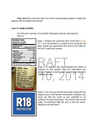 DRAFT
April 10, 2014
Task 14.2 Pick a text from task 14.2 and its corresponding diagram. Supply the
diagram with the details from the text.
Task 15: CASE CLOSED
You will work in groups. Your teacher will assign a task for each group to
work on.
Case 1: Analyze the nutritional facts of the food on the
left. It is to be served by a mother to her six-month old
baby. Would you recommend this food to her? Why or
why not? Justify your answer.
Case 2: A neighbor has recommended this bottle of
medicine to your brother. Scan the information and
decide if there is a need to warn your brother about the
medicine or none.
Case 3: You and your friends have been waiting for the
sequel of your most favorite movie-series. However, you
found out that the movie is now restricted to an
audience 18 years and above. Your friends who are all
under 18 presented fake IDs just to see the movie.
Would you go with them?
 