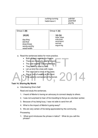 DRAFT
April 10, 2014
a. Read the sentences below for more practice.
 Both of them went to the theatre.
 There are those who loathe to work.
 The cold weather bothers me a lot.
 They went by boat to vote.
 Let us bind the vines with ropes.
 The vase had a crack at the base.
 She is fond of waiting at the pond.
 The panel is connected at the funnel.
Task 14. Sharing My World
a. Volunteering One’s Self
Read and study the sentences.
1. I heard of Marlon’s having an advocacy to connect deeply to others.
2. I was not surprised to hear of his travelling to Kenya as volunteer worker.
3. Because of my being busy, I was not able to send him off.
4. What is the impact of Marlon’s going away?
5. We are very certain of his being appreciated by the community.
Processing:
1. What word introduces the phrase in italics? What do you call this
phrase?
curbing-curving
habit-have it
pull-full
pool-fool
pry-fry
Group 2. [ð]
[d]-[ð]
day-they
dot-that
dose-those
wordy-worthy
weed-width
Group 4. [v]
[v]- [b]
vase- base
vote-boat
vend-bend
veil-bail
vague-big
 