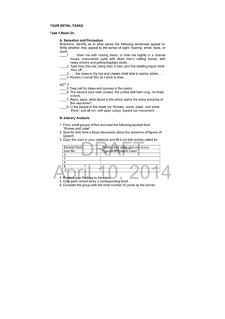 DRAFT
April 10, 2014
YOUR INITIAL TASKS
Task 1.Read On
A. Sensation and Perception
Directions: Identify as to what sense the following sentences appeal to.
Write whether they appeal to the sense of sight, hearing, smell, taste, or
touch.
____1 . . . chain me with roaring bears, or hide me nightly in a charnel
house, o’ercovered quite with dead men’s rattling bones, with
reeky shanks and yellowchapless skulls . . .
____2. Take thou this vial, being then in bed, and this distilling liquor drink
thou off . . .
____3. . . . the roses in thy lips and cheeks shall fade to wanny ashes . . .
____4. Romeo, I come! this do I drink to thee.
ACT V
____5.They call for dates and quinces in the pastry.
____6. The second cock hath crowed, the curfew bell hath rung, ‘tis three
o’clock.
____7. Alack, alack, what blood is this which stains the stony entrance of
this sepulcher?
____8. O the people in the street cry ‘Romeo,’ some ‘Juliet,’ and some
‘Paris’; and all run, with open outcry, toward our monument.
B. Literary Analysis
1. Form small groups of five and read the following excerpt from
“Romeo and Juliet”
2. Spot for and have a focus discussion about the presence of figures of
speech.
3. Copy the chart in your notebook and fill it out with entries called for.
Excerpt from: Romeo and Juliet (Balcony Scene)
Line No. Figures of Speech Used
3
7
4
8
5
4. Present your findings to the class.
5. Give each correct entry a corresponding point
6. Consider the group with the most number of points as the winner.
 
