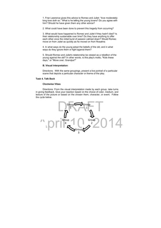 DRAFT
April 10, 2014
1. Friar Lawrence gives this advice to Romeo and Juliet: “love moderately;
long love doth so.” What is he telling the young lovers? Do you agree with
him? Should he have given them any other advice?
2. What could have been done to prevent this tragedy from occurring?
3. What would have happened to Romeo and Juliet if they hadn't died? Is
their relationship sustainable over time? Do they have anything to offer
each other once the initial burst of passion calmed down? Would Romeo
move on from Juliet as quickly as he moved on from Rosaline.
4. In what ways do the young adopt the beliefs of the old, and in what
ways do they ignore them or fight against them?
5. Should Romeo and Juliet's relationship be viewed as a rebellion of the
young against the old? In other words, is this play's motto, "Kids these
days," or "Move over, Grandpa?"
B. Visual interpretation:
Directions: With the same groupings, present a live portrait of a particular
scene that depicts a particular character or theme of the play.
Task 4. Talk Back
Clockwise Vibes
Directions: From the visual interpretation made by each group, take turns
in giving feedback. Give your reaction based on the choice of color, medium, and
texture of the picture or based on the chosen them, character, or event. Follow
the cycle below.
Group 
1
Group 
2
Group 
3
Group 
4
Group 
5
 