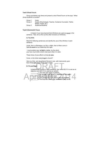 DRAFT
April 10, 2014
Task 5.Panel Forum
Group yourselves into three and present a short Panel Forum on the topic “What
drives students to suicide?”
Group 1 Hosts
Group 2 Guests (Psychologist, Teacher, Guidance Counselor, Father,
Mother, Priest, etc.)
Group 3 Audience/Students
Task 6.GrammarIn Focus
In lesson 4 you have learned that Infinitives are used as nouns in the
sentence. Now, let us find out the other functions of infinitives.
A. Try It On
Read the following sentences and identify the use of the infinitive in each
sentence.
Uncle, this is a Montague, our foe; a villain, that is hither come in
Spite to scorn at our solemnity this night.
I must another way, to fetch a ladder, by the which
your love must climb a bird’s nest soon when it is dark.
These times of woe afford no times to woo.
Come, is the bride ready to go to church?
Here is a friar, and slaughtered Romeo’s man, with instruments upon
them fit to open these dead men’s tombs.
B. Fit and Right
Underline the infinitive in each sentence, then write ADJ if it is use as an
adjective and ADV if it is used as an adverb.
_________1. The choir was ready to perform.
_________2. He worked to get ahead in the ladder of education.
_________3. He gave me a book to read.
_________4. The passage from the Bible is hard to translate.
_________5. The boys are coming this weekend to play tennis.
 