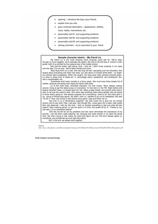 DRAFT
April 10, 2014
Grade 9 English Learning Package
 opening – introduce the topic (your friend)
 explain how you met.
 give a physical description – appearance, clothes,
voice, habits, mannerisms, etc.
 personality trait #1, and supporting evidence
 personality trait #2, and supporting evidence
 personality trait #3, and supporting evidence
 closing comment – try to reconnect to your friend
Sample character sketch – My friend Liz
My friend Liz is the most amazing friend anybody could ask for. We’ve been
through so much together, we’re basically like sisters. We met on the first day of school in sixth
grade, both of us terrified by the massive size of the middle school.
She had the locker right above mine. I told her I didn’t know anybody in our class
and she said “You do now.” We’ve been friends ever since.
Most boys think Liz is cute. She has long red hair, cascading over her shoulders. She
laughs about everything and when she does, you see about a hundred white teeth – so bright,
you almost need sunglasses. When she laughs, her eyes grow wide, glowing emerald green.
Liz likes to dress kind of skater-ish, in camouflage pants, sweatshirts, and wristbands. But,
she’s unpredictable, too.
Sometimes she’ll wear overalls or a fancy dress. She must have three closets full of
clothes, because she barely ever wears the same outfit twice.
Liz is the most lively, animated character I’ve ever known. She’s always rushing
around, trying to get the latest scoop on everybody. It’s like she’s in the FBI. Right before she
shares important news, Liz tosses back her hair, takes a deep breath, and quickly looks side to
side, to be sure the coast is clear. She never says anything mean about people, she just wants
to know what’s going on. She always supports me in everything I want to do. Not many girls in
our group of friends play sports, but when I told Liz I wanted to go out for basketball, she said
“Go for it.” Now, she comes to see almost every game I play and cheer me on.
Not only is Liz a tremendous supporter, she also trusts me to give her my honest
opinion and to say what I feel. Last year, she thought Mrs. Jones gave her a lower math grade
than she deserved. I told her the truth – that Liz handed everything in late and what did she
expect? Next marking period, Liz got her work in on time, and pulled off an A-. Thanks to me,
she said. Liz is a wonderful listener.
She lets me tell her all my problems and she never diminishes the importance of my
worries. I can tell she’s really listening, too, because she looks directly in my eyes the whole
time, like she’s trying to see inside my head and figure me out. We don’t always agree on
everything, and sometimes we even fight like sisters.
But, in the end, we always stick together.
Source:
http://new.schoolnotes.com/files/egrahamj1/character%20sketch%20directions%20with%20liz%20example.pdf
 
