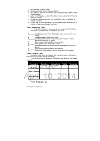 DRAFT
April 10, 2014
Grade 9 English Learning Package
1. Who is Daisy? How old is she?
2. What event led her to have a personal driver?
3. Who is Hoke? What did you observe about his personality and the manner
of his speaking?
4. At the end of the play, what did Miss Daisy discover about Hoke? How did
she react to that?
5. What kind of relationship would they have if Miss Daisy continued to be
impolite to Hoke?
6. Explain how important education is to man. As a student, what can you do
in order to help or assist people like Hoke?
Task 4. Sequencing Events
Arrange the following events according to sequence. Write 1 for the
first event, 2 for the second, 3 for the third, and so on.
1._______Miss Daisy accused Hoke of stealing one can of salmon from her
pantry.
2._______Miss Daisy taught Hoke how to read.
3._______Miss Daisy resented Hoke’ s presence as she believed that he
would do nothing but sit around.
4._______Daisy refused to let Hoke drive her anywhere.
5._______Hoke spent his time sitting in the kitchen.
6._______Miss Daisy crashed her brand-new car while backing it out of the
garage.
7._______Miss Daisy found out that Hoke was illiterate.
8._______Boolie hired Hoke Coleburn to drive her around her hometown.
Task 5. Character Traits
Motivation is the reason a character acts in a certain way. A character’s
motivation may be stated directly or indirectly.
Fill in the chart with the necessary information. Also, write the trait of each
character.
Characters Decisions Motivations Traits Evidence
Ms. Daisy
Hoke Coleburn
Bollie Werthan
Task 6. Bridging the gap
 
