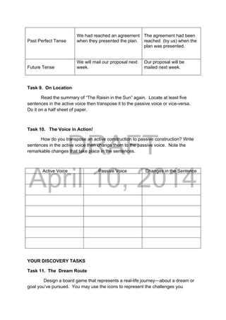 DRAFT
April 10, 2014
Past Perfect Tense
We had reached an agreement
when they presented the plan.
The agreement had been
reached (by us) when the
plan was presented.
Future Tense
We will mail our proposal next
week.
Our proposal will be
mailed next week.
Task 9. On Location
Read the summary of “The Raisin in the Sun” again. Locate at least five
sentences in the active voice then transpose it to the passive voice or vice-versa.
Do it on a half sheet of paper.
Task 10. The Voice in Action!
How do you transpose an active construction to passive construction? Write
sentences in the active voice then change them to the passive voice. Note the
remarkable changes that take place in the sentences.
Active Voice Passive Voice Changes in the Sentence
YOUR DISCOVERY TASKS
Task 11. The Dream Route
Design a board game that represents a real-life journey—about a dream or
goal you’ve pursued. You may use the icons to represent the challenges you
 