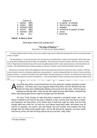 DRAFT
April 10, 2014
Column A Column B
1. betwixt (ME) a. to signify ; to indicate
2. holden (ME) b. that is to say; namely
3. betokens (ME) c. between
4. tomorn (ME) d. to think of; to expect; to hope
5. weened (OE) e. Jesus
6. Jesu (LL) f. tomorrow
Task 6. A Hero in You!
What does it take to be a great man?
“The Day of Destiny” 2
from Morte D’Arthur by Sir Thomas Malory
nd quickly King Arthur moved himself with his army along the coastline westward, toward
Salisbury. And there was a day assigned betwixt King Arthur and Sir Mordred that they
should not meet upon a field beside Salisbury and not far from the coast. And this day so
assigned as Monday after Trinity Sunday (the eighth Sunday after Easter), whereof King
Arthur was passing glad that he might be avenged upon Sir Mordred.
So upon Trinity Sunday at night King Arthur dreamed a wonderful dream, and in his
dream it seemed to him that he saw upon a platform a chair, and the chair was fast to a wheel,
and thereupon sat King Arthur in the richest cloth of gold that might be made. And the King
thought there was under him, far from him, and hideous deep black water, and therein was all
manner of serpents, and worms, and wild beasts, foul and horrible. And suddenly the King
thought that the wheel turned upside down, and he fell among the serpents, and every beast
took him by a limb. And then the King cried as he lay in his bed, “Help, Help!”
                                                            
2
 The Day of Destiny 
A
       Sir Thomas Malory’s Morte D’Arthur is the most complete single version of the tales of King Arthur and his court that has been 
written in English. 
      “The Day of Destiny,” an excerpt from this work, describes the end of King Arthur’s reign and the dissolution of the order which 
he, along with his Knights of the Round Table, has established.  This end grows out of the corruption within the royal court itself.  
Arthur’s illegitimate son Mordred knows of the secret love affair between Arthur’s wife, Queen Guinevere, and his best friend, Sir 
Lancelot.  One night Mordred leads a band of knights to Guinevere’s chamber, where they find the Queen with Lancelot.   
     Although he is reluctant, Arthur feels obligated to obey the law of the land and burn his wife at the stake.  However, at the last 
minute Lancelot rescues her, killing two knights who are guarding her.  Lancelot subsequently flees to a castle in France and Arthur 
forgives Guinevere.  Sir Gawain, the brother of the dead knights, demands vengeance on Lancelot.  His hatred forces Arthur to lead 
his men on an attack against Lancelot’s French fortress.  In the ensuing battles Lancelot seriously wounds Gawain but refuses to kill 
him.
 