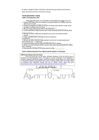 DRAFT
April 10, 2014
the audience, through the wall line of the kitchen. At the limit of the apron, Linda lays down the flowers,
kneels, and sits back on her heels. All stare down at the grave.
 
YOUR DISCOVERY TASKS  
Task 8. Firming One’s Act
Write just if the action of a character is reasonable and unjust if it is not.
1. Howard fired Willy when he insisted on being transferred to a place where he
didn’t have to travel. _____________
2. Charley constantly lent Willy an amount of money every week to cover up for
the latter’s inability to earn a living. ______________
3. Biff and Happy abandoned Willy in the restaurant. ______________
4. Linda pretended to Willy that she didn’t know anything about his suicide plans.
_____________
5. Biff told his father, Willy that he wouldn’t be a hero if he should commit
suicide. _______________
6. Happy admitted that it is all right to lie for someone’s
convenience._______________
7. Biff told his father what he really wanted to be for him to stop dreaming of
becoming like him – a salesman. _______________
8. Linda and Happy assured Willy that Biff loves him as always. ____________
9. Biff did not push through withhis summer class after discovering that his father
had a mistress. _____________
10. Bernard did not brag of his achievement to Willy. ____________
Task 9. Determining the Tone, Mood and the Author’s Technique
a. Describe the tone and mood which the play created within the reader.
Write your answers in the callout box below.
Act II (Death of a Salesman)
Difference between tone and mood
Tone and mood are not the same, although variations of the two words may on
occasions be interchangeable terms. The tone of a piece of literature is the speaker's or
narrator's attitude towards the subject, rather than what the reader feels, as in mood. Mood
is the general feeling or atmosphere that a piece of writing creates within the reader. Mood
is produced most effectively through the use of setting, theme, voice and tone.
http://www.dummies.com/how‐to/content/understanding‐the‐tone‐of‐a‐poem.html 
Text Tone: Text Mood: 
 
