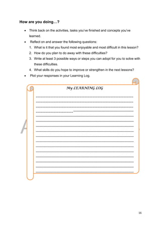 DRAFT
April 10, 2014
16 
 
How are you doing…?
 Think back on the activities, tasks you’ve finished and concepts you’ve
learned.
 Reflect on and answer the following questions:
1. What is it that you found most enjoyable and most difficult in this lesson?
2. How do you plan to do away with these difficulties?
3. Write at least 3 possible ways or steps you can adopt for you to solve with
these difficulties.
4. What skills do you hope to improve or strengthen in the next lessons?
 Plot your responses in your Learning Log.
My LEARNING LOG
____________________________________________________________
____________________________________________________________
____________________________________________________________
_______________________-----------------------------------------------------------
------------------------------------------------------------------------------------------------
------------------------------------------------------------------------------------------------
------------------------------------------------------------------------------------------------
------------------------------------------------------------------------------------------------
------------------------------------------------------------------------------------------------
------------------------------------------------------------------------------------------------
------------------------------------------------------------------------------------------------
------------------------------------------------------------------------------------------------
------------------------------------------------------------------------------------------------
------------------------------------------------------------------------------------------------
------------------------------------------------------------------------------------------------
------------------------------------------------------------------------------------------------
 