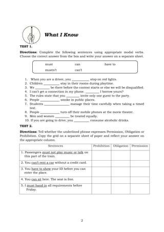 2
What I Know
TEST 1.
Directions: Complete the following sentences using appropriate modal verbs.
Choose the correct answer from the box and write your answer on a separate sheet.
1. When you are a driver, you stop on red lights.
2. Children stay in their rooms during playtime.
3. We be there before the contest starts or else we will be disqualified.
4. I can’t get a connection in my phone. I borrow yours?
5. The rules state that you invite only one guest to the party.
6. People smoke in public places.
7. Students manage their time carefully when taking a timed
test.
8. People turn off their mobile phones at the movie theater.
9. Men and women be treated equally.
10. If you are going to drive, you consume alcoholic drinks.
TEST 2.
Directions: Tell whether the underlined phrase expresses Permission, Obligation or
Prohibition. Copy the grid on a separate sheet of paper and reflect your answer on
the appropriate column.
Sentences Prohibition Obligation Permission
1. Passengers must not play music or talk on
this part of the train.
2. You can’t rent a car without a credit card.
3. You have to show your ID before you can
enter the place.
4. You can sit here. The seat is free.
5. I must hand in all requirements before
Friday.
must can have to
mustn’t can’t
 